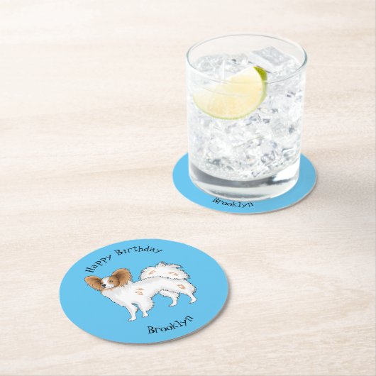 パピヨン犬の漫画イラストレーション ラウンドペーパーコースター (インサイチュ)