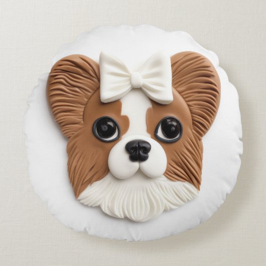 パピヨン犬の3Dデザイン ラウンドクッション (正面)