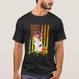 パピヨン犬カボチャ米国国旗のハロウィーン犬 Tシャツ