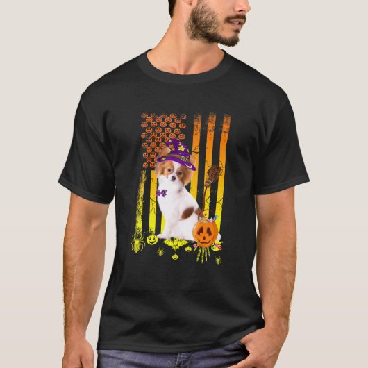 パピヨン犬カボチャ米国国旗のハロウィーン犬 Tシャツ (正面)
