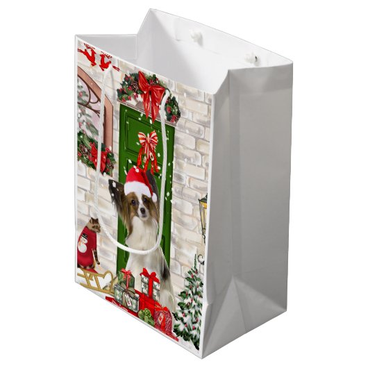 パピヨン・ドッグ・クリスマス ミディアムペーパーバッグ (正面アングル)