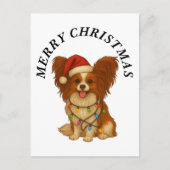 パピヨン メリークリスマス サンタ帽子 犬 シーズンポストカード (正面)