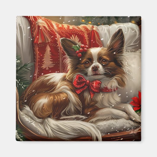 パピヨン 犬 クリスマス フェスティブ マグネット (正面)