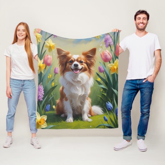 パピヨン 犬 春の花 絵画 フリースブランケット (インサイチュ)