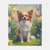 パピヨン 犬 春の花 絵画 フリースブランケット (正面)