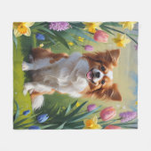 パピヨン 犬 春の花 絵画 フリースブランケット (正面(横))