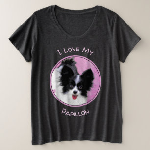 パピヨン (白と黒) ペインティング - 犬のアート プラスサイズTシャツ