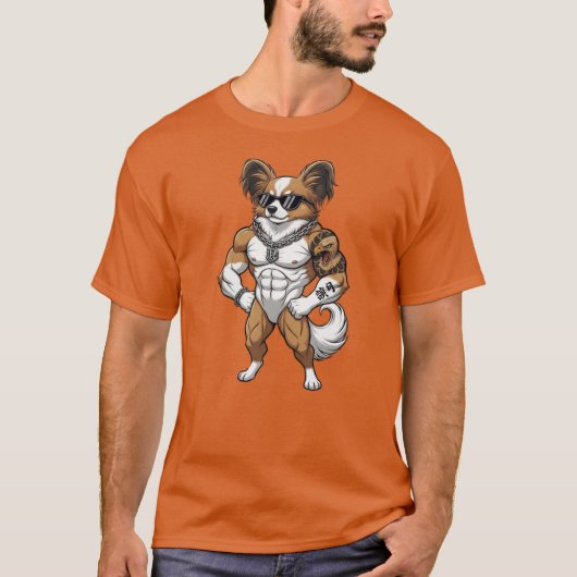 パピヨン, 筋肉質, タトゥー, ボディビルダー Tシャツ (正面)