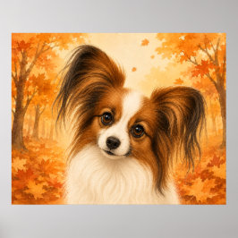 パピヨン 紅葉の森の犬 ポスター