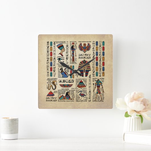 パピルスのエジプトの象形文字と神 スクエア壁時計 (ホーム)