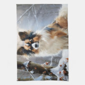 パピロンは雪のクリスマスを許す キッチンタオル (縦)