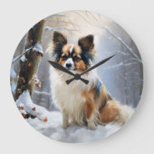 パピロンは雪のクリスマスを許す ラージ壁時計 (正面)