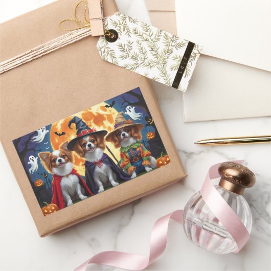 パピロンドッグスパンプキンハロウィンおもしろい 長方形シール (ギフト)