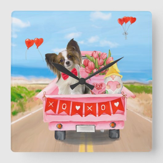 パピロンドッグバレンタインデートラックハート スクエア壁時計 (正面)