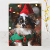 パピロン小妖精や小人子犬クリスマスカード カード (黄色い花)