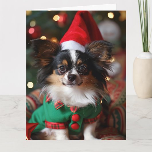 パピロン小妖精や小人子犬クリスマスカード カード (正面)