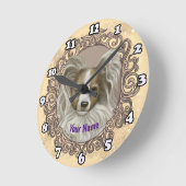 パピロン犬 ラウンド壁時計 (傾斜)