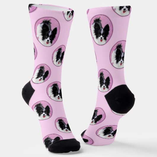 パピロン絵を描の白黒オリジナルドッグアート ソックス (傾斜あり)