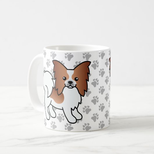 パピロン赤と白かわいい漫画の犬と手 コーヒーマグカップ (正面左)