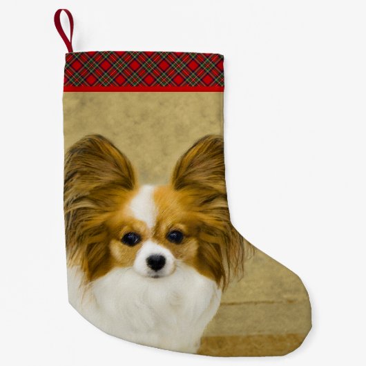 パピロン（ハウンドトリ）絵画ズ – オリジナルドッグアート スモールクリスマスストッキング (正面)