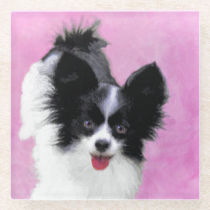 パピロン(白と黒)絵画の – Dog Art ガラスコースター