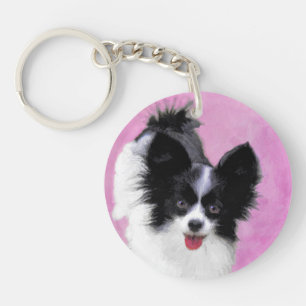パピロン(白と黒)絵画の – Dog Art キーホルダー