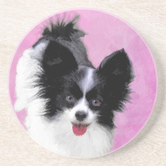 パピロン（白と黒）絵画の – Dog Art コースター (正面)