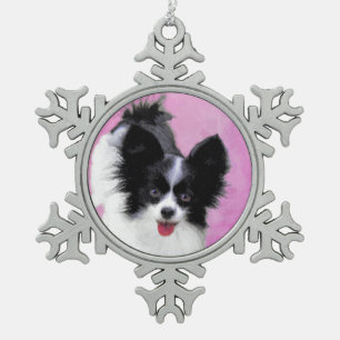 パピロン(白と黒)絵画の – Dog Art スノーフレークピューターオーナメント
