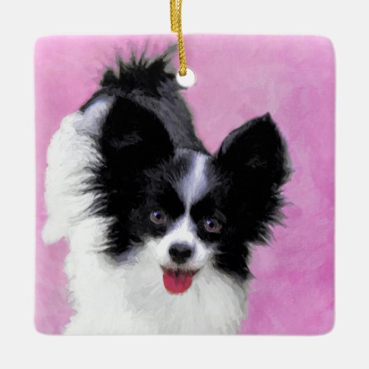 パピロン(白と黒)絵画の – Dog Art セラミックオーナメント (正面)