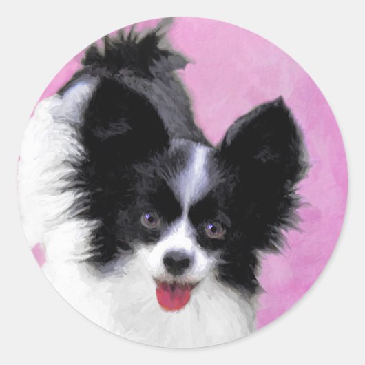 パピロン(白と黒)絵画の – Dog Art ラウンドシール (正面)