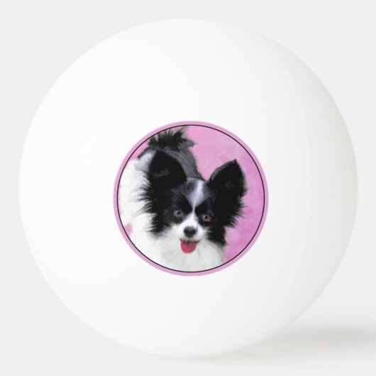パピロン（白と黒）絵画の – Dog Art 卓球ボール (正面)