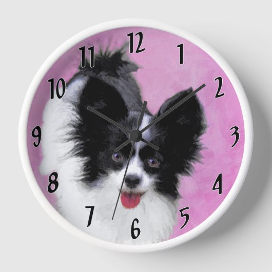 パピロン（白と黒）絵画の – Dog Art 壁時計 (正面)