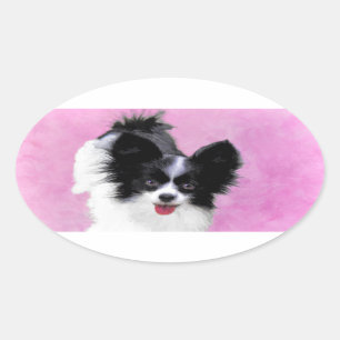 パピロン（白と黒）絵画の – Dog Art 楕円形シール