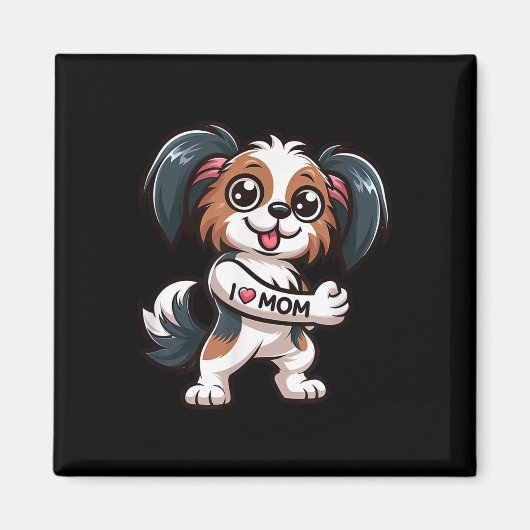 パピロンIラブママおもしろい犬タトゥー マグネット (正面)