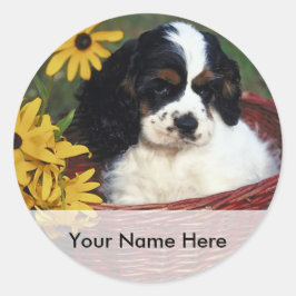 パピーと花かご蔵書票シール ラウンドシール