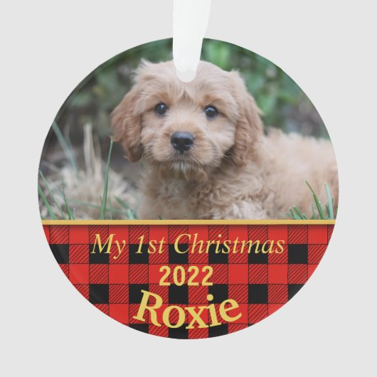 パピーの初めてのクリスマスブラック&レッドチェック オーナメント (正面)