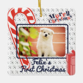 パピーの初めてのクリスマス名前をカスタムする写真年 セラミックオーナメント (正面)