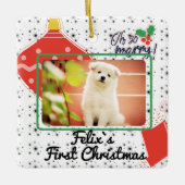 パピーの初めてのクリスマス名前をカスタムする写真年 セラミックオーナメント (正面)