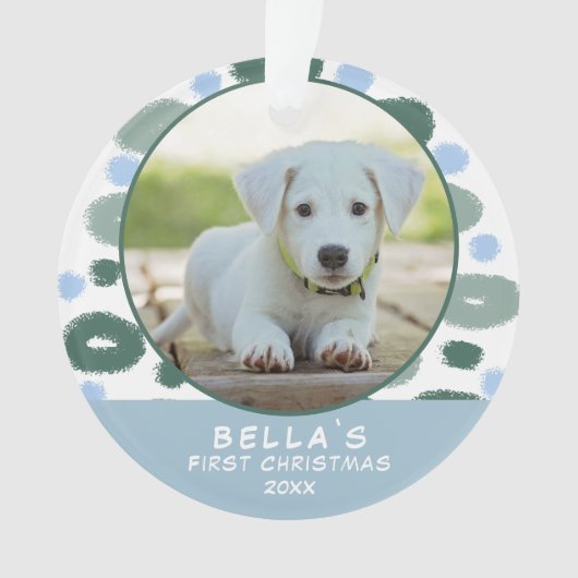 パピーの第1回クリスマスブルーカラフルパターン写真 オーナメント (正面)