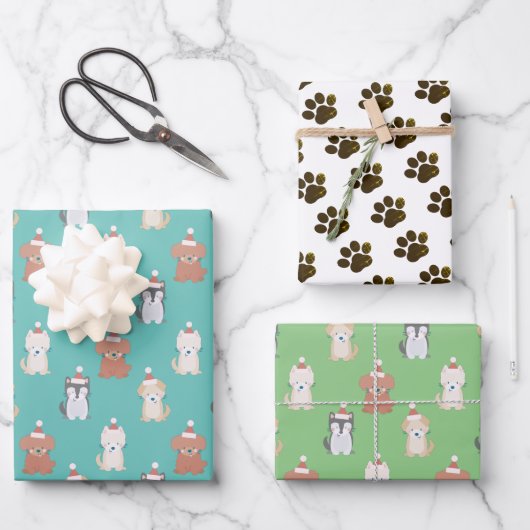 パピーサンタハットブルークリスマスホリデー ラッピングペーパーシート (正面)