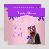 パピースシャワーかわいい犬パープルピンクヨークシャーテリア 招待状 (正面/裏面)