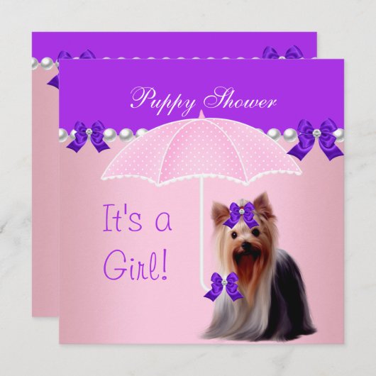 パピースシャワーかわいい犬パープルピンクヨークシャーテリア 招待状 (正面/裏面)