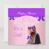 パピースシャワーかわいい犬パープルピンクヨークシャーテリア 招待状 (正面)