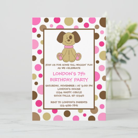 パピードッグドットピンク誕生日招待状 招待状 (スタンド正面)