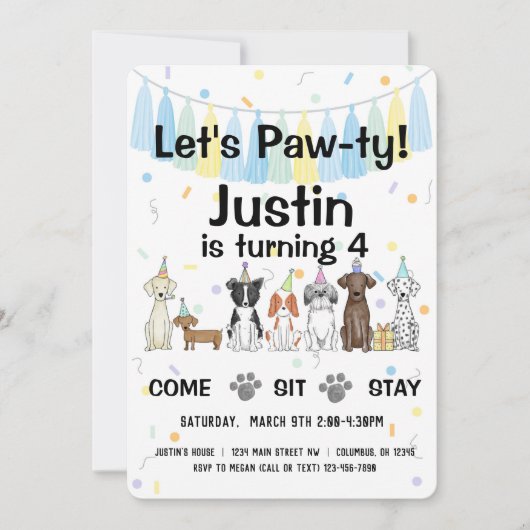 パピードッグ男女兼用または少年誕生日ポーティ 招待状 (正面)