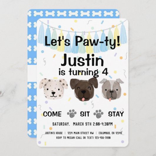 パピードッグ男女兼用または少年誕生日ポーティ 招待状 (正面/裏面)
