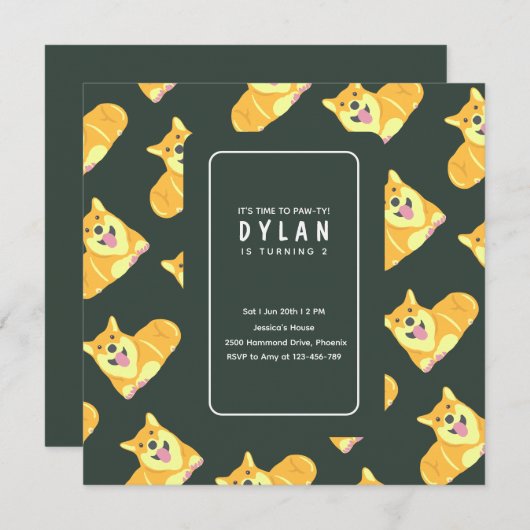 パピードッグ誕生日招待状スクエアパーティーパティー 招待状 (正面/裏面)