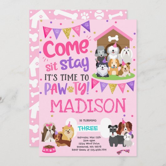 パピーパーティの招待状ピンクドギー誕生日ポーティ 招待状 (正面/裏面)