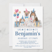 パピーパーティードッグブルーボーイ誕生日ポーティ 招待状 (正面)