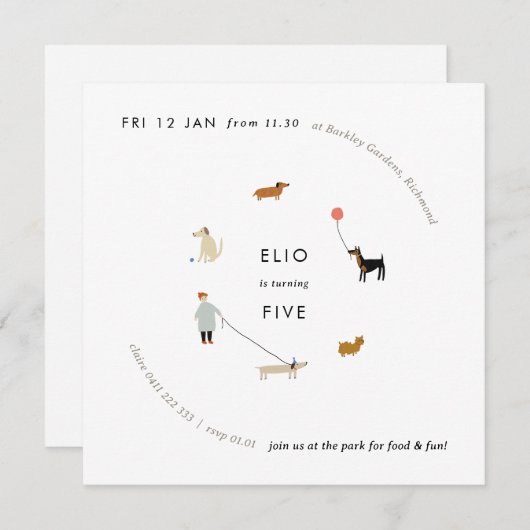 パピーパーティーモダンドッグ誕生日招待状 – スクエア 招待状 (正面/裏面)